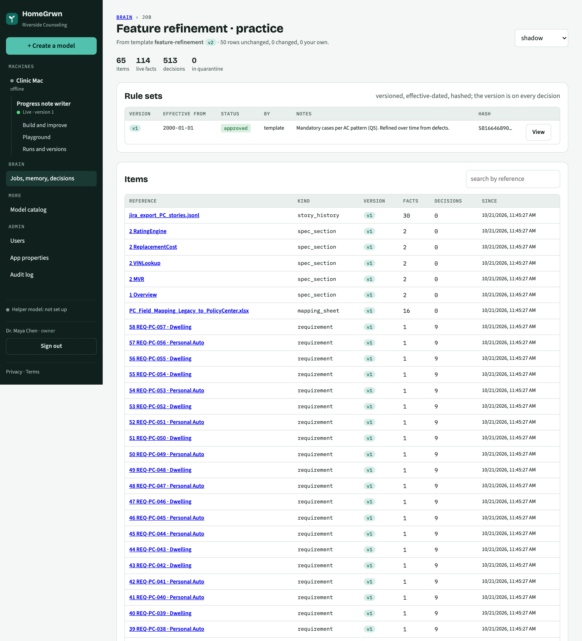 The job screen for feature refinement in the HomeGrwn app: template version, counts of folders, facts and decisions, and the rule set.