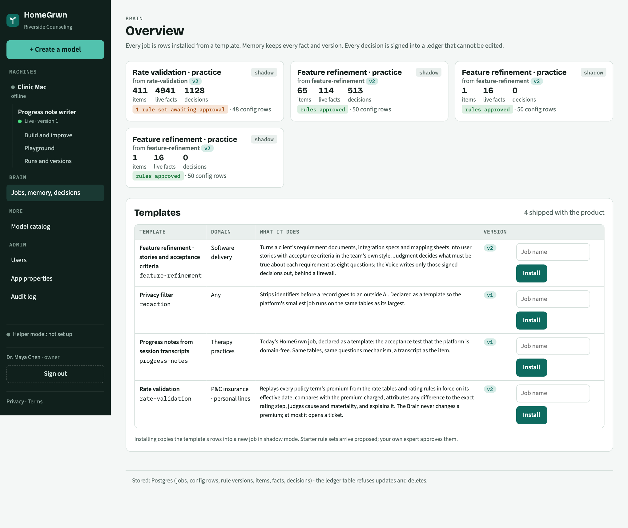 The Brain overview screen in the HomeGrwn app, listing the rate validation job with its item, fact and decision counts.
