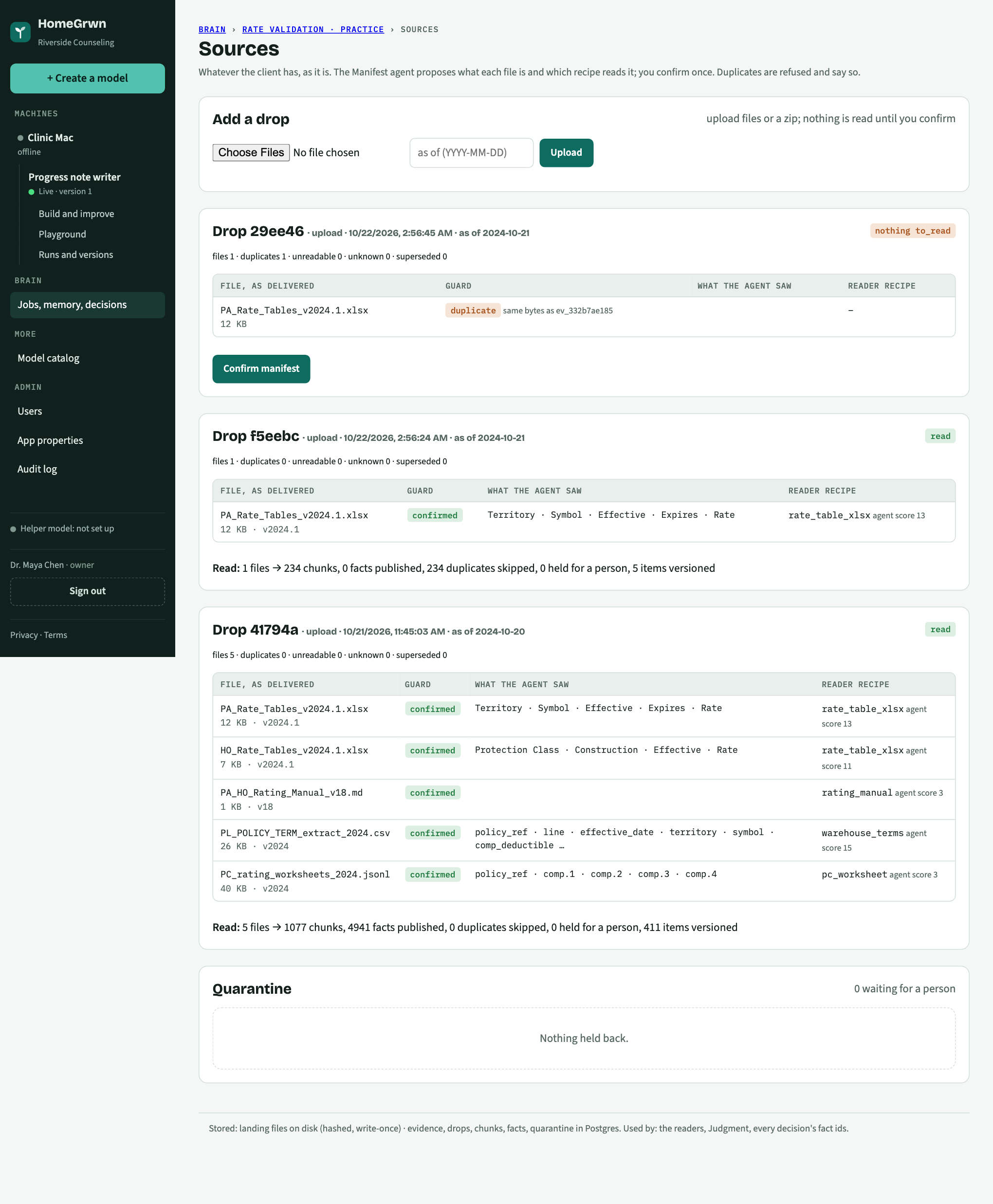 The Sources screen: three drops with their files, the front-door agent's guess, the reader recipe and the score; the quarantine panel is empty.